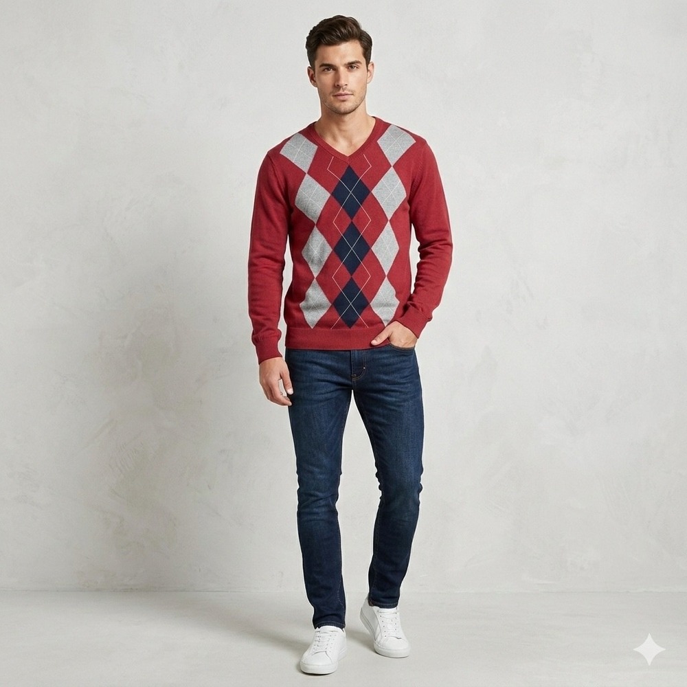 Old Navy Mens Size Large Argyle V-Neck Sweater Tart Cranberry Red Retro Cotton
